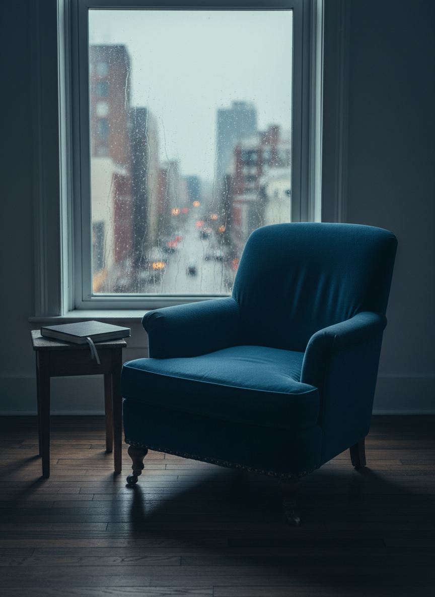 An empty, midnight-blue armchair with frayed fabric and soft, sunken cushions sits angled toward a tall, narrow window, where rain streaks cling to the glass like tears. A small side table holds a single closed notebook with a charcoal-gray cover and a thin silver ribbon marking a page. Outside, the world is a moody blur of city lights and silhouettes. Soft, cool streetlight seeps in, creating layered reflections and long, contemplative shadows across the floorboards. Photographic realism, composed using the rule of thirds, with a medium depth of field, evoking quiet introspection, emotional heaviness, and the private refuge of writing in the midst of inner storms.
