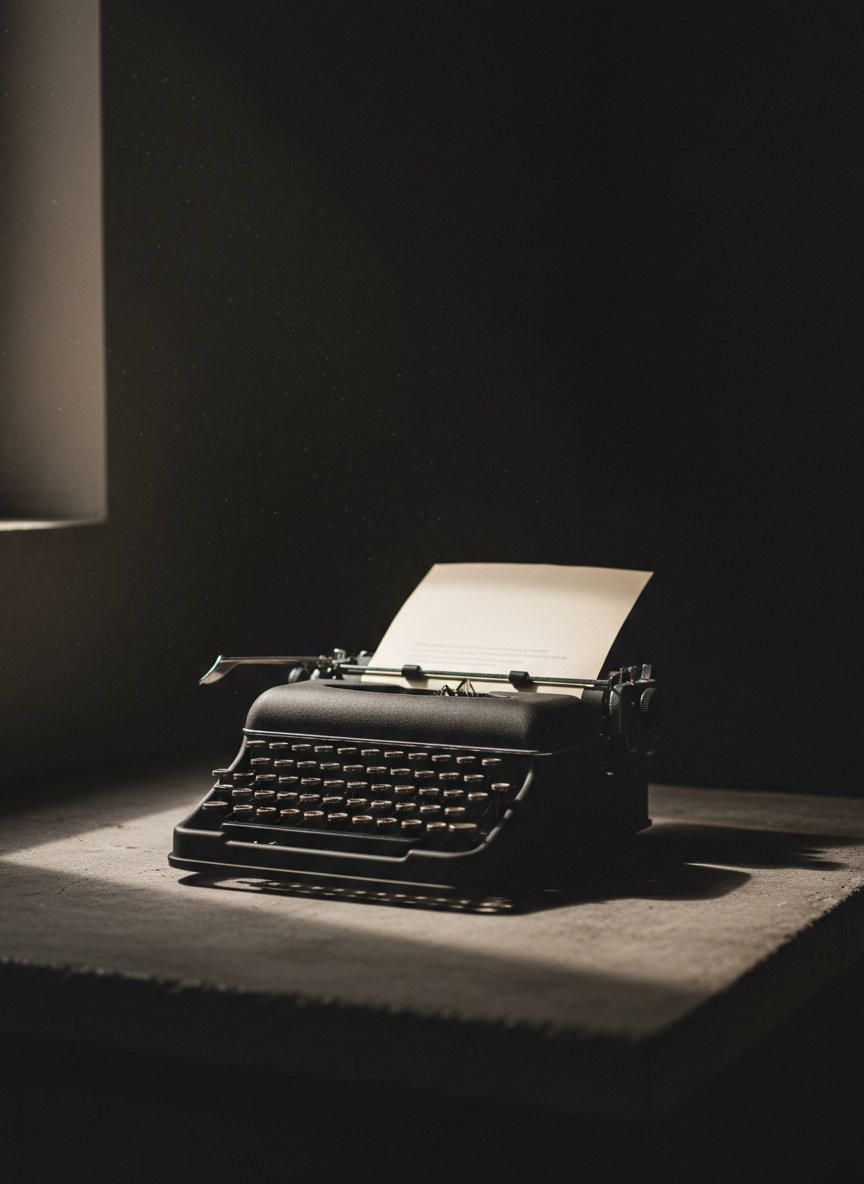 A solitary, vintage typewriter in matte black metal sits at the center of a stark concrete table, a single sheet of paper rolled into the carriage, its surface empty except for the first faint line of text fading into shadow. The room around it is mostly dark, with only a narrow beam of cool, overcast window light falling diagonally across the keys, creating sharp, dramatic contrasts. Wisps of dust float in the air, illuminated like ghosts of unwritten stories. Photographic realism, captured from a slightly low, cinematic angle with a centered composition, evoking the weight of unspoken emotions, creative struggle, and the quiet possibility of transformation through writing.
