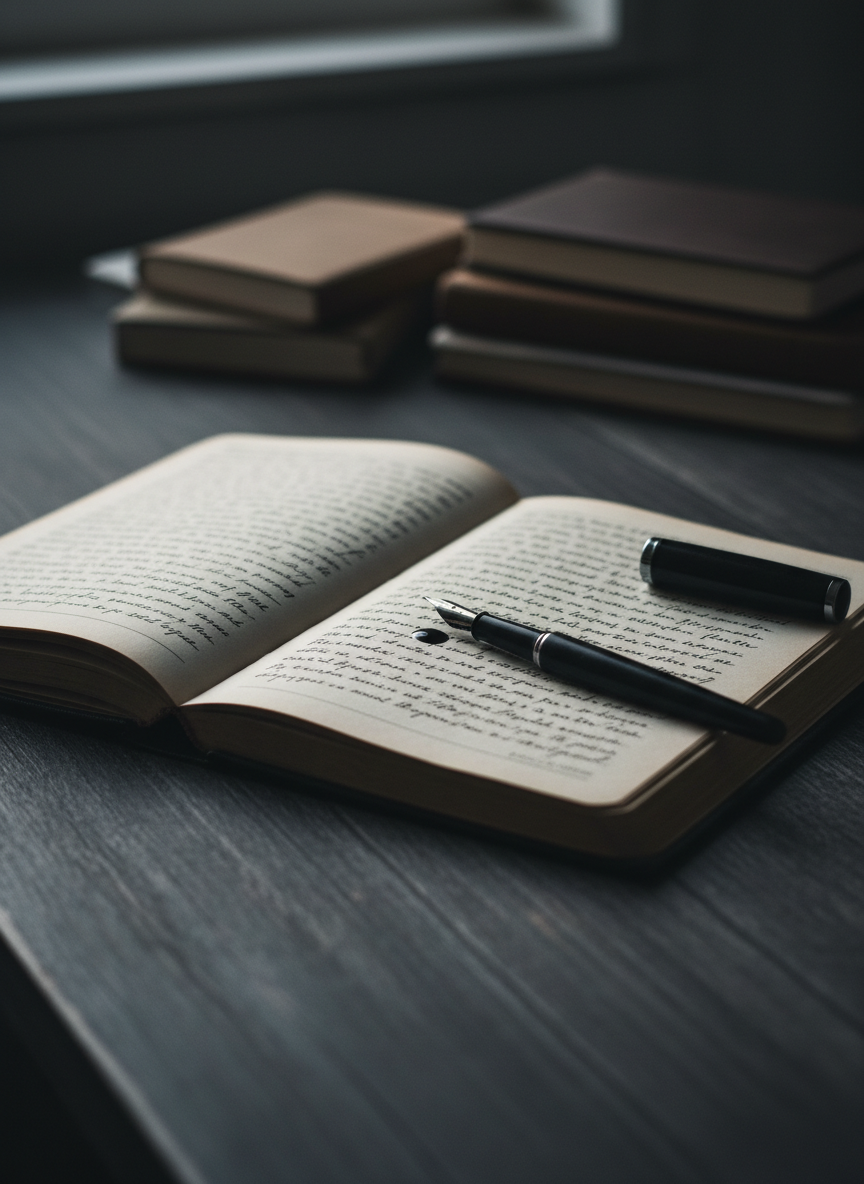 A worn, black leather journal lies open on a rough, charcoal-gray wooden desk, its cream pages filled with dense, handwritten lines that fade into soft blur. A single, obsidian fountain pen rests diagonally across the page, a small pool of dark ink like a shadowed tear near the nib. Cool, diffused twilight filters through an unseen window, casting long, moody shadows that swallow the edges of the desk. In the background, out-of-focus stacks of closed notebooks form a low, solemn skyline. Photographic realism, shot at eye level with a shallow depth of field, emphasizing intimacy, solitude, and introspective darkness, while the soft light suggests the first hint of healing and clarity at the margins.