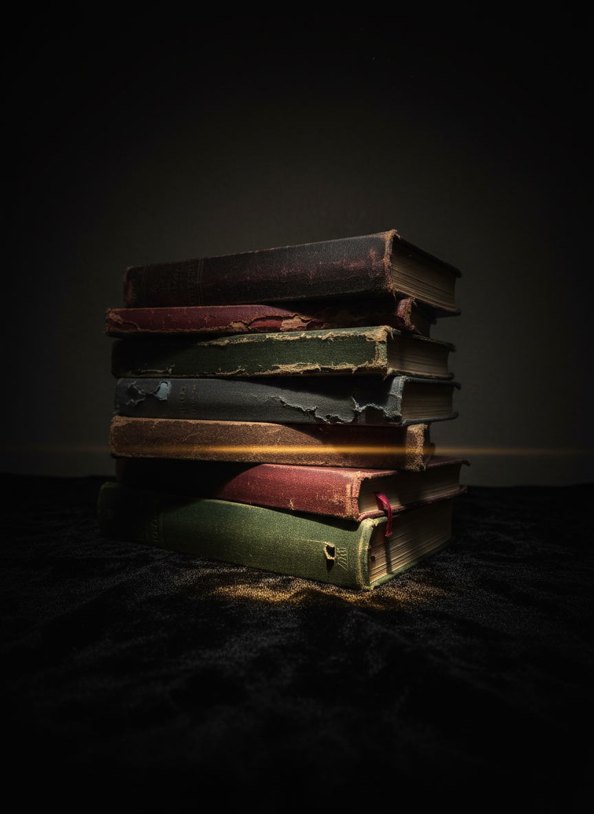 A stack of mismatched, deeply worn books with cracked spines and dark, muted covers rises from a black velvet surface, each volume slightly askew as if disturbed by an invisible presence. Between two books, a thin blade of warm golden light cuts through, spilling onto the velvet like a narrow path. The surrounding environment melts into inky darkness, with only a faint suggestion of a textured wall behind. Photographic realism, shot from a close, slightly elevated angle using a dramatic chiaroscuro lighting style, emphasizing intricate textures, rich shadows, and the symbolic contrast between buried pain and emerging hope through the written word.